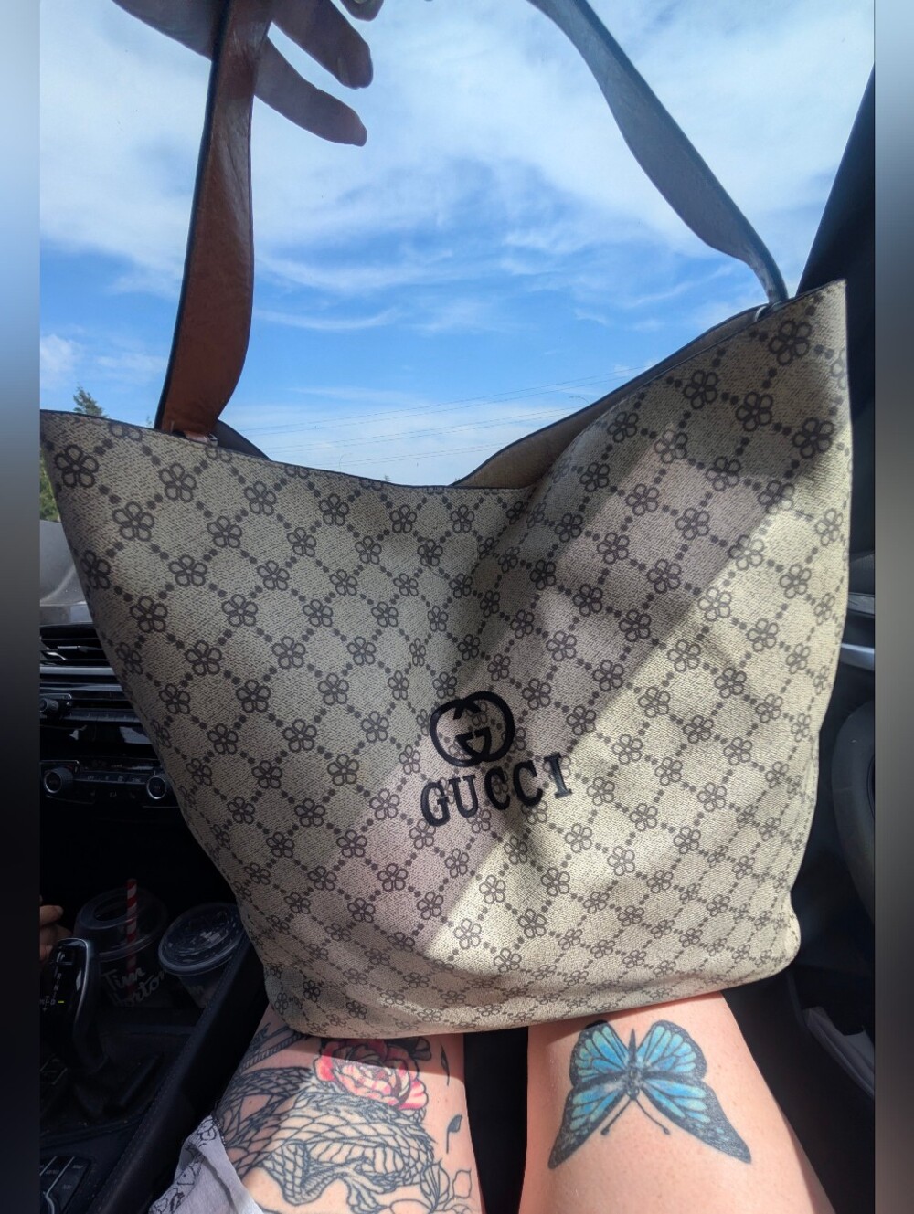 Vintage Gucci Beige Monogram Shoulder Bag with Brown Leather Handle